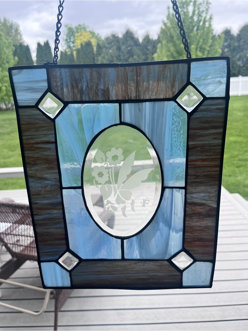 Beautiful FLOWERS Etched Bevel Stained Glass Panel Window blue brown 12” x 9.5”